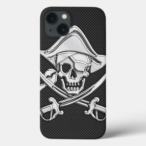 Silver Smiling Pirate on Carbon Fiber Style iPhone 13 Case