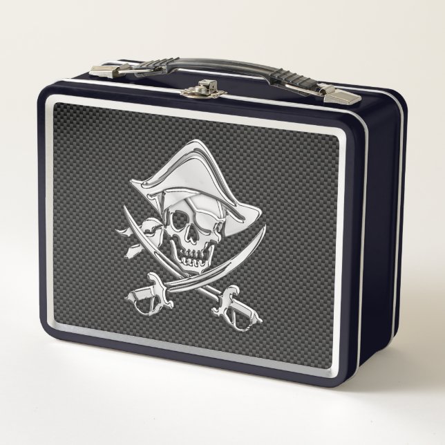 Silver Smiling Pirate on Carbon Fiber Style Metal Lunch Box (Front)