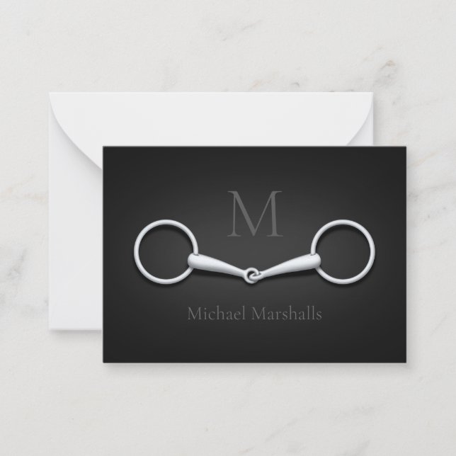 Silver Snaffle Bit Monogrammed Equestrian Note Card (Front)