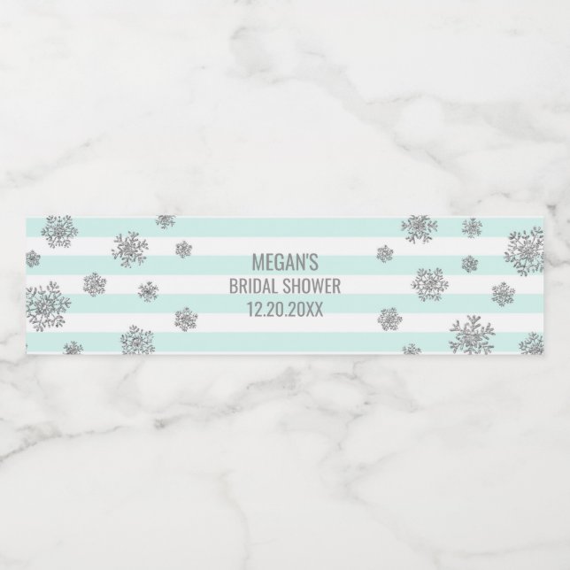 Silver Snow Blue Stripes Winter Bridal Shower Water Bottle Label (Single Label)