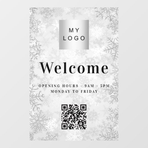 Silver snow business logo welcome opening QR code Window Cling