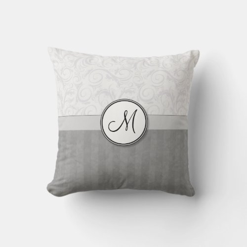 Silver Snow Floral Wisps  Stripes with Monogram Throw Pillow