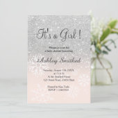 Silver snow glitter pink ombre girl baby shower invitation (Standing Front)