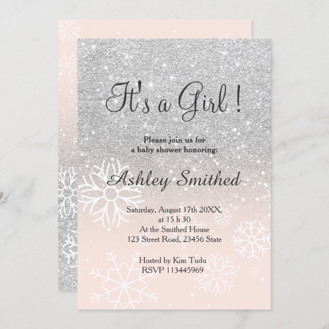 Silver snow glitter pink ombre girl baby shower invitation (Front/Back)