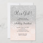 Silver snow glitter pink ombre girl baby shower invitation (Front)