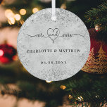 Silver snow names mr mrs elegant newly weds  glass ornament<br><div class="desc">Decorated with mr mrs with a heart. A faux silver background decorated with faux snowflakes,  snow crystals.  Personalize and add your names and your wedding date.  Black text.</div>