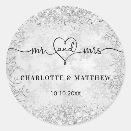 Silver snow names mr mrs elegant winter wedding classic round sticker