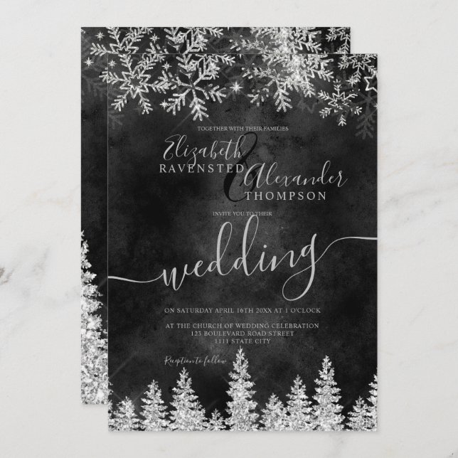 Silver snow pine black Christmas winter wedding Invitation (Front/Back)