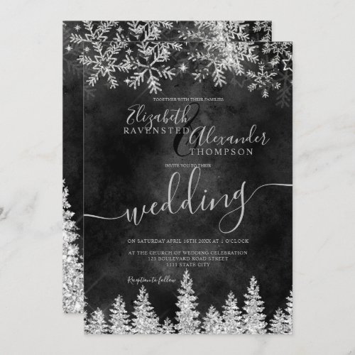 Silver snow pine black Christmas winter wedding Invitation