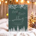 Silver snow pine Christmas winter green wedding Invitation<br><div class="desc">Time to celebrate your winter wonderland wedding theme with this luxury silver glitter snowflakes sparkles and silver glitter pine tree forest on an elegant festive editable dark green background,  featuring a modern cool script font typography.</div>