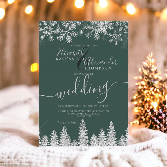 Silver snow pine Christmas winter green wedding Invitation | Zazzle