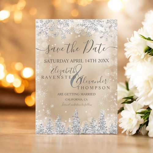 Silver snow pine gold foil Christmas save the date