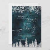 Silver snow pine green Christmas winter wedding Invitation (Front)