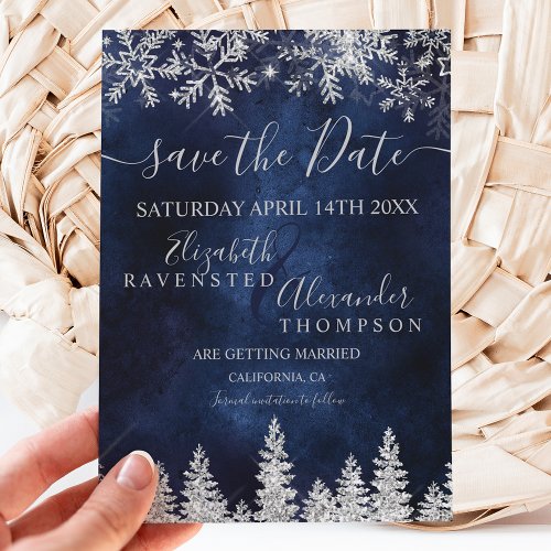 Silver snow pine navy Christmas save the date