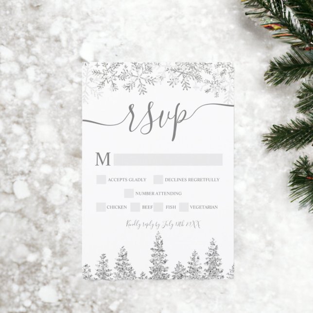 Silver snow pine navy Christmas winter rsvp Card (Silver snow pine navy Christmas winter rsvp)