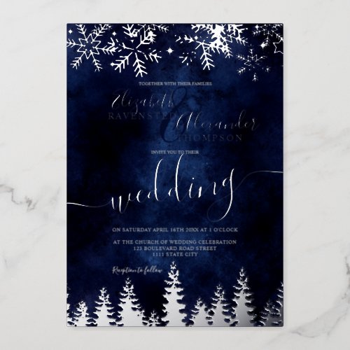 Silver snow pine navy Christmas winter wedding Foil Invitation