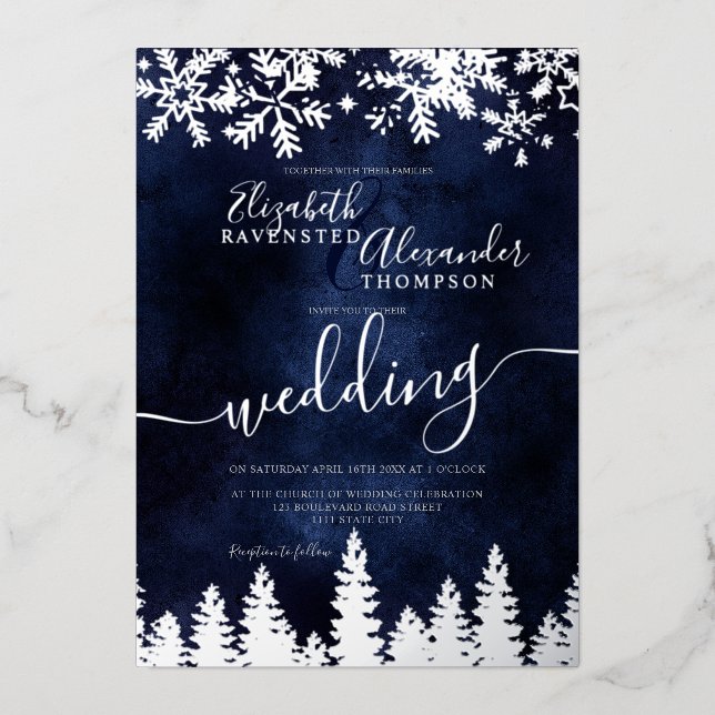 Silver snow pine navy Christmas winter wedding Foil Invitation (Front)