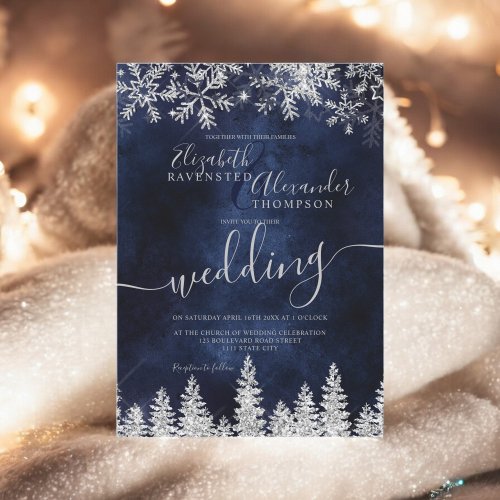 Silver snow pine navy Christmas winter wedding Invitation