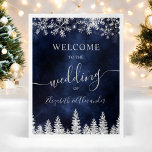 Silver snow pine navy Christmas winter wedding Poster<br><div class="desc">Welcome guests to your winter wedding with this elegant sign featuring faux silver glitter shimmering snowflakes and a forest of frosted pine trees. Set against a deep navy blue background, the design exudes a magical winter wonderland ambiance. Perfect for a Christmas or winter wedding, this sign sets the tone for...</div>