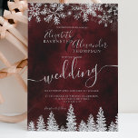 Silver snow pine red Christmas winter wedding Invitation<br><div class="desc">Time to celebrate your winter wonderland wedding theme with this luxury silver glitter snowflakes sparkles and silver glitter pine tree forest on an elegant festive dark red watercolor background,  featuring a modern cool script font typography.</div>