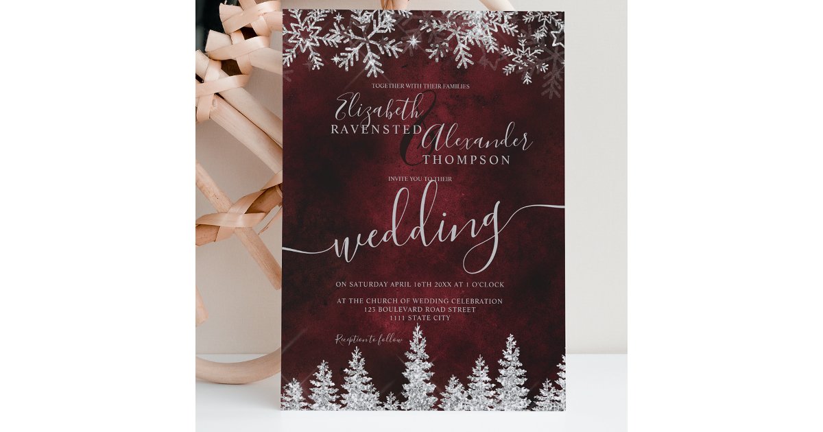 Silver snow pine red Christmas winter wedding Invitation | Zazzle