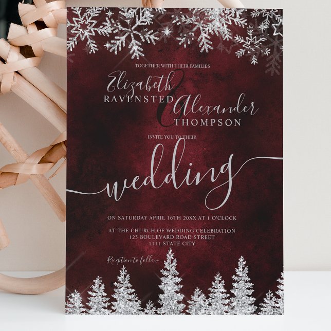 Silver snow pine red Christmas winter wedding Invitation (Creator Uploaded)