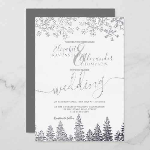 Silver snow pine white Christmas winter Foil Invitation