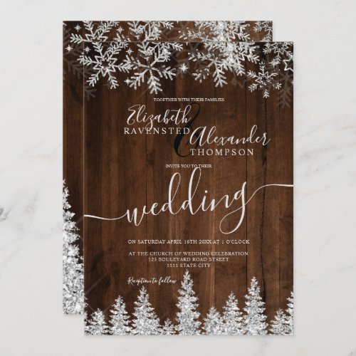 Silver snow pine wood Christmas winter wedding Invitation