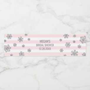 Silver Snow Pink Stripes Winter Bridal Shower Water Bottle Label
