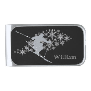 Silver Snow Skier on Black Finish Money Clip