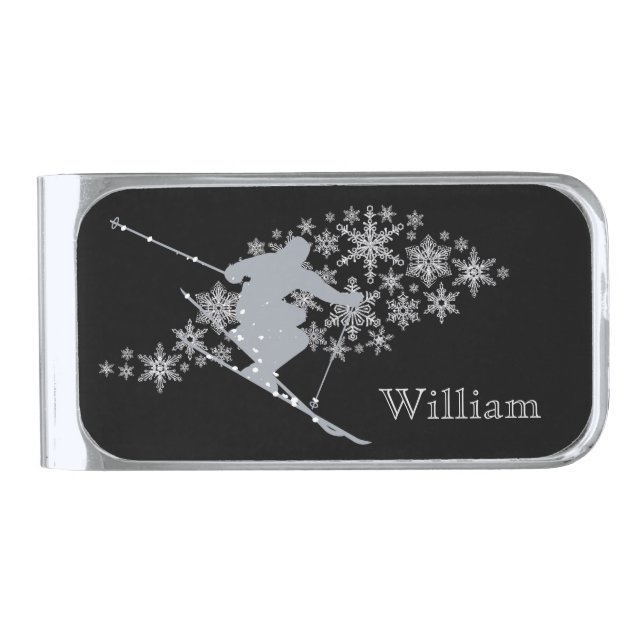 Silver Snow Skier on Black Silver Finish Money Clip (Front)