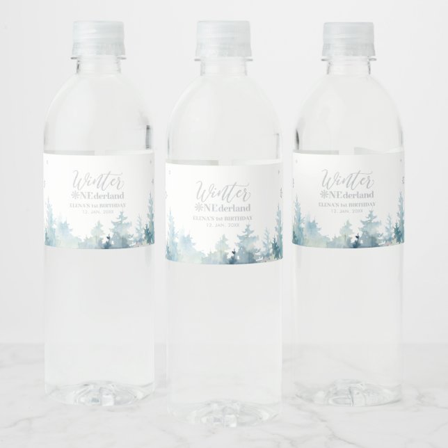 Silver Snow Winter Wonderland 1st Birthday Party Water Bottle Label (Bottles)