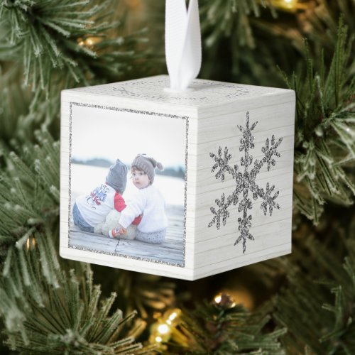 Silver Snowflake 2 Photo Christmas Holiday Cube Ornament