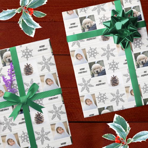Silver Snowflake 3 Photo Collage Christmas Wrapping Paper
