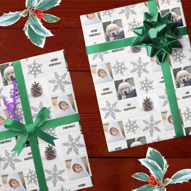 Silver Snowflake 3 Photo Collage Christmas Wrapping Paper (Creator Uploaded)
