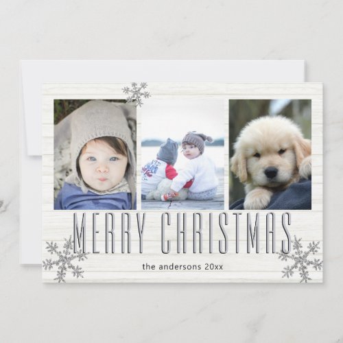 Silver Snowflake 3 Photo Collage Merry Holiday Card