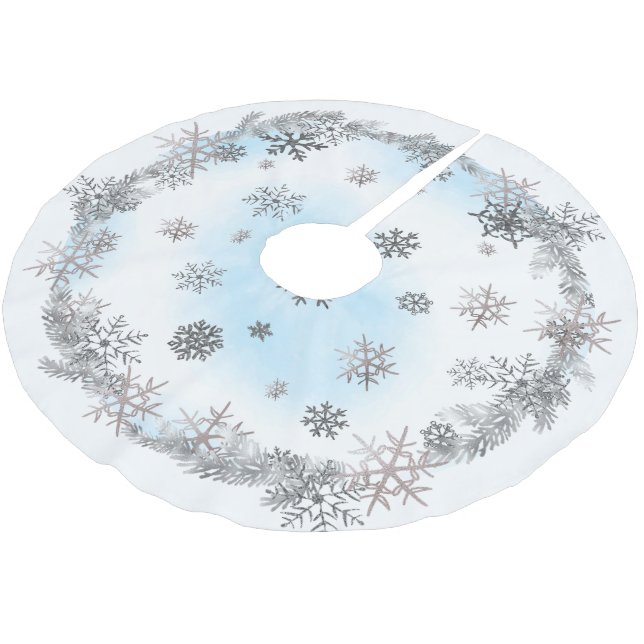 Silver snowflake and blue watercolor brushed polyester tree skirt (Angled)