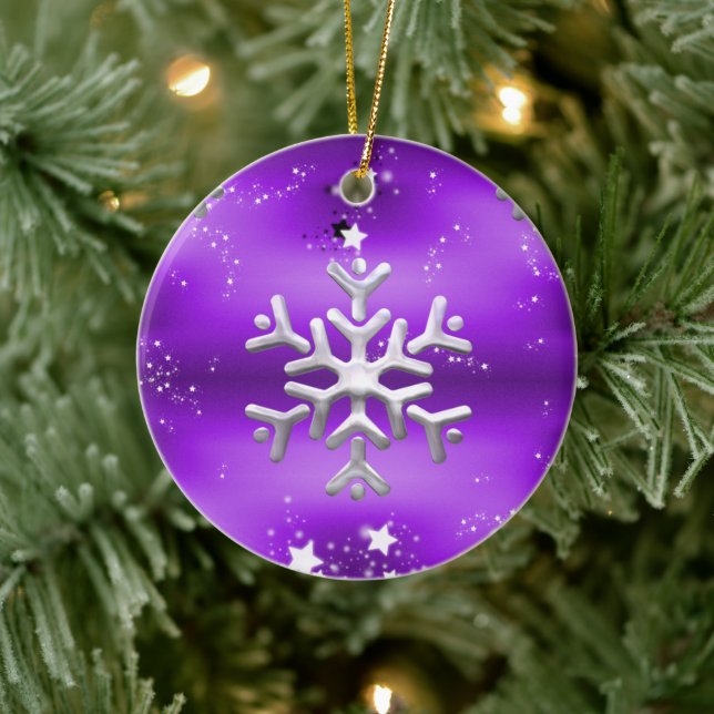 Silver Snowflake and Stars Purple Christmas Ceramic Ornament (Tree)