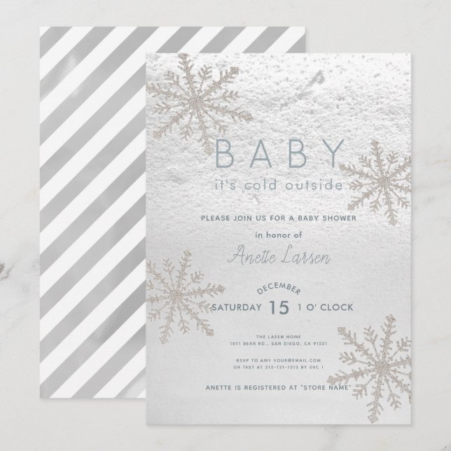 Silver Snowflake Baby Its Cold Outside Baby Shower Invitation (Front/Back)