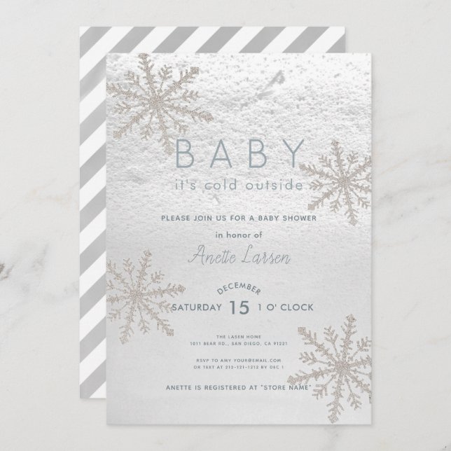 Silver Snowflake Baby Its Cold Outside Baby Shower Invitation (Front/Back)