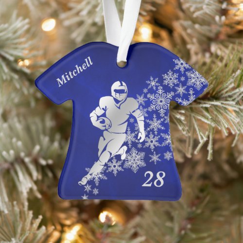 Silver Snowflake Blue Football Player Ornament