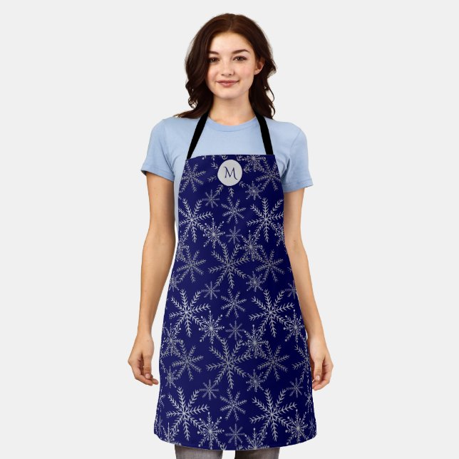 Silver Snowflake Blue Monogram Holiday Apron (Worn)