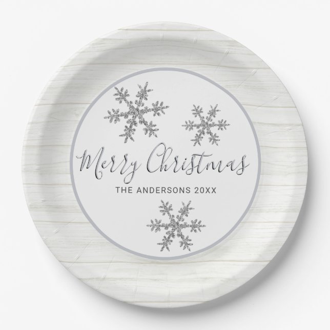 Silver Snowflake Chic Holiday Elegant Party Paper Plates (Front)