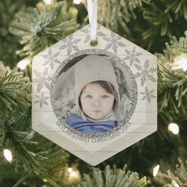 Silver Snowflake Chic Round Photo Christmas Glass Ornament (Insitu)