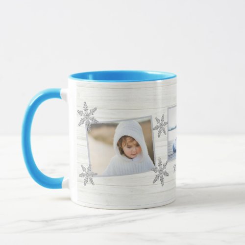 Silver Snowflake Christmas Name And 3 Photo Mug