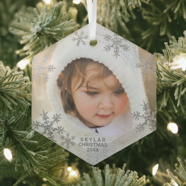 Silver Snowflake Elegant Minimalist Photo Glass Ornament (Insitu)