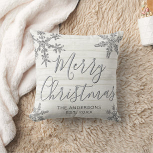 Silver Snowflake Elegant Script Christmas Throw Pillow