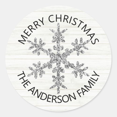 Silver Snowflake Faux Glitter Modern Stylish Classic Round Sticker