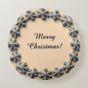 Silver Snowflake Frame Round Pillow