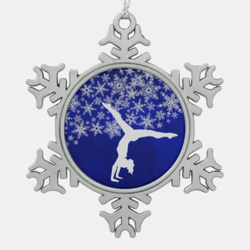 Silver Snowflake Gymnast on Blue Snowflake Pewter Christmas Ornament